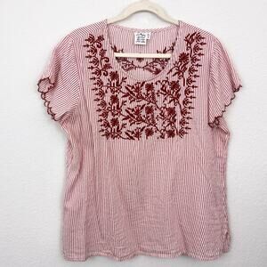 Parsley & Sage Women Blouse Size XL Embroidered Floral Striped Boho Cotton Brown